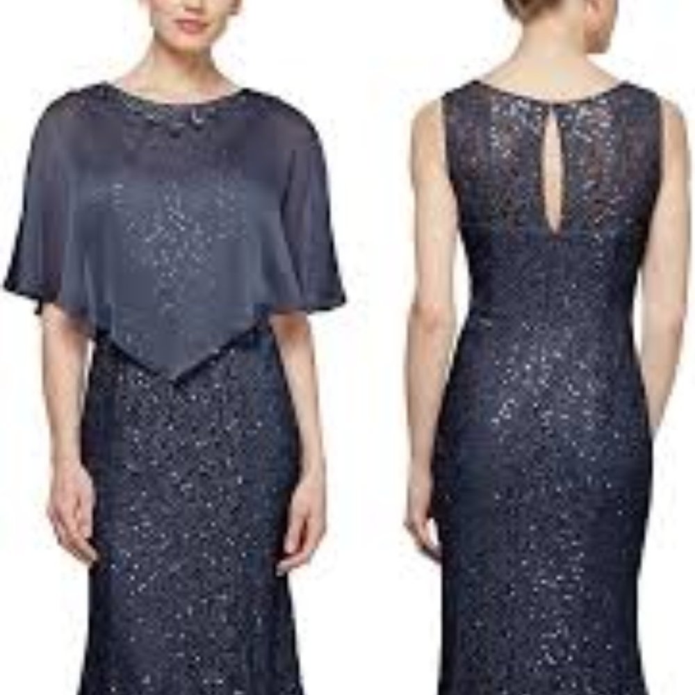 NWT S.L. Fashions Women's Long Zipper Sequin Beaded Lace Dress with cape
